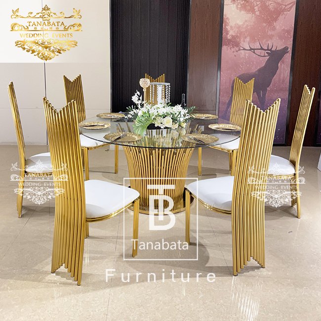 Elegant stainless steel base glass top wedding dinner tables luxurious