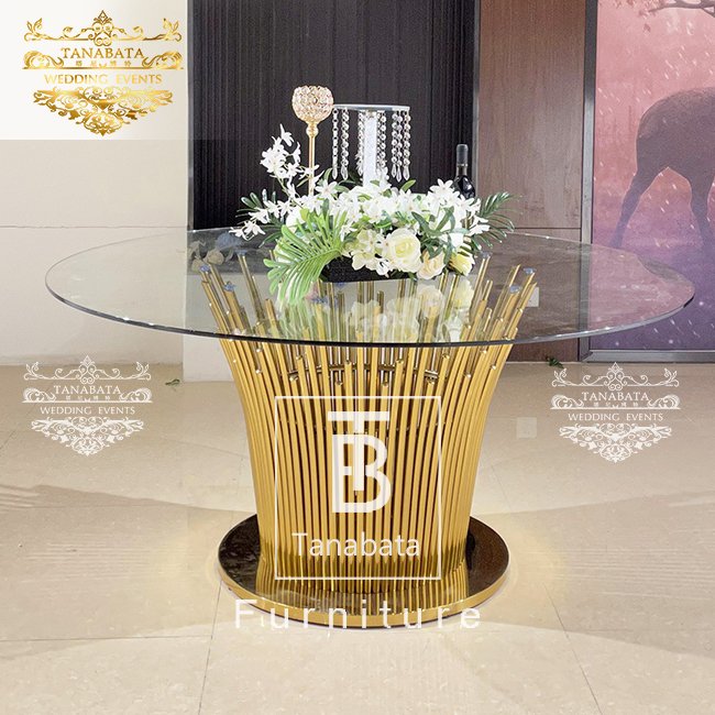 Elegant stainless steel base glass top wedding dinner tables luxurious