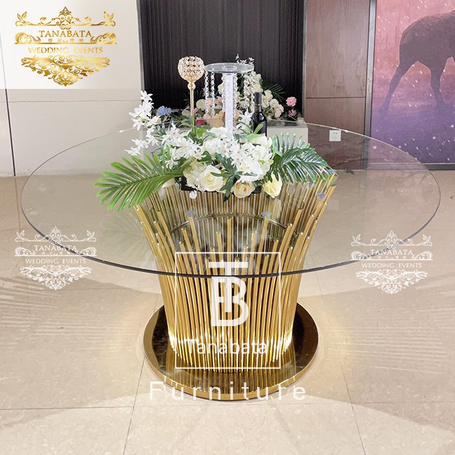 Elegant stainless steel base glass top wedding dinner tables luxurious