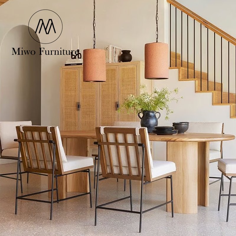 Modern restaurant Large Vintage Beige Travertine Freestanding solid wood Dining Table With Lunas Oval Table and chair set