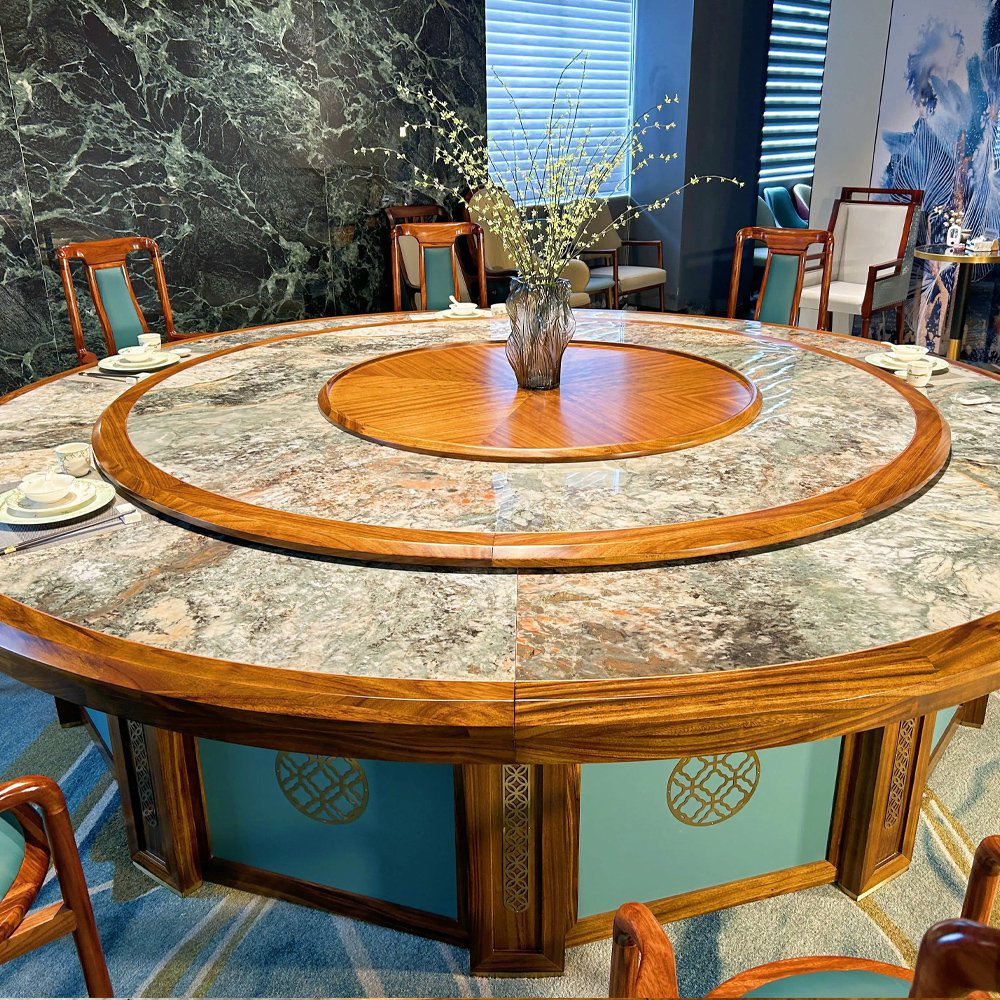 Zhuoyue auto circular luxury smart electric large round rotating dining table set turntable manufacturer sliding dining table