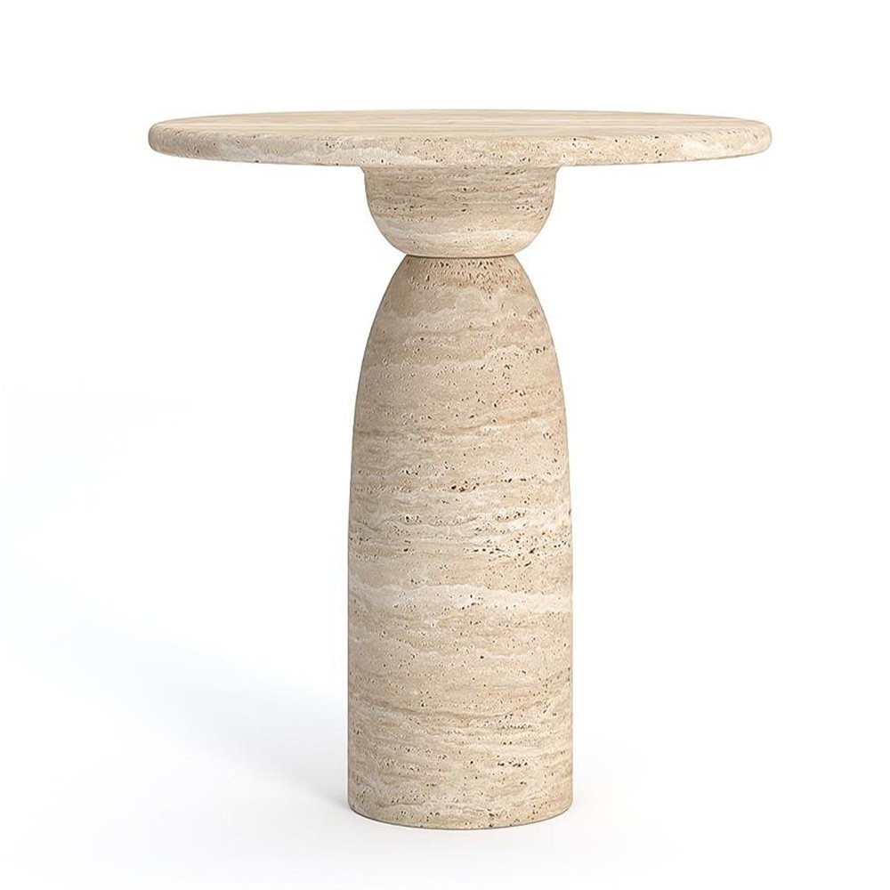 Natural Stone Outdoor Garden French Small Tea Table Solid Travertine Elegant Textured Circular Side Table