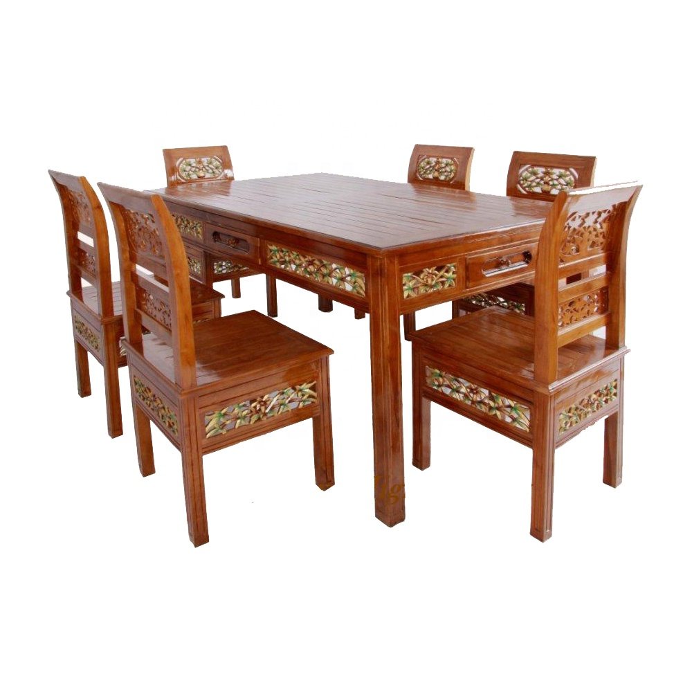 Antique Dining Table Set with 6 Chairs Solid Wood Teak Rectangular Walnut Luxury Design Rich Carving for Dining Room Furniture