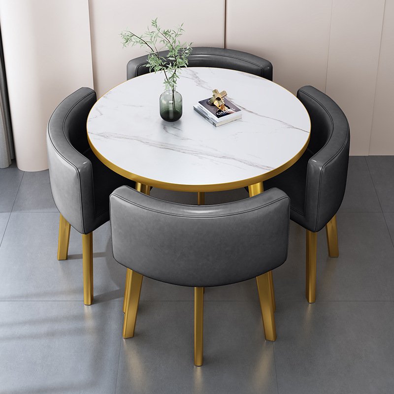 Round Minimalist Faux Marble Table Top Dining Table Set with Leather Chairs 4-Seater Golden Metal Frame Luxury Dining Table Set