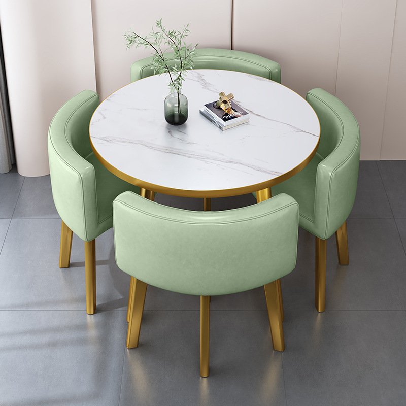 Round Minimalist Faux Marble Table Top Dining Table Set with Leather Chairs 4-Seater Golden Metal Frame Luxury Dining Table Set