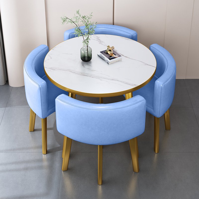 Round Minimalist Faux Marble Table Top Dining Table Set with Leather Chairs 4-Seater Golden Metal Frame Luxury Dining Table Set