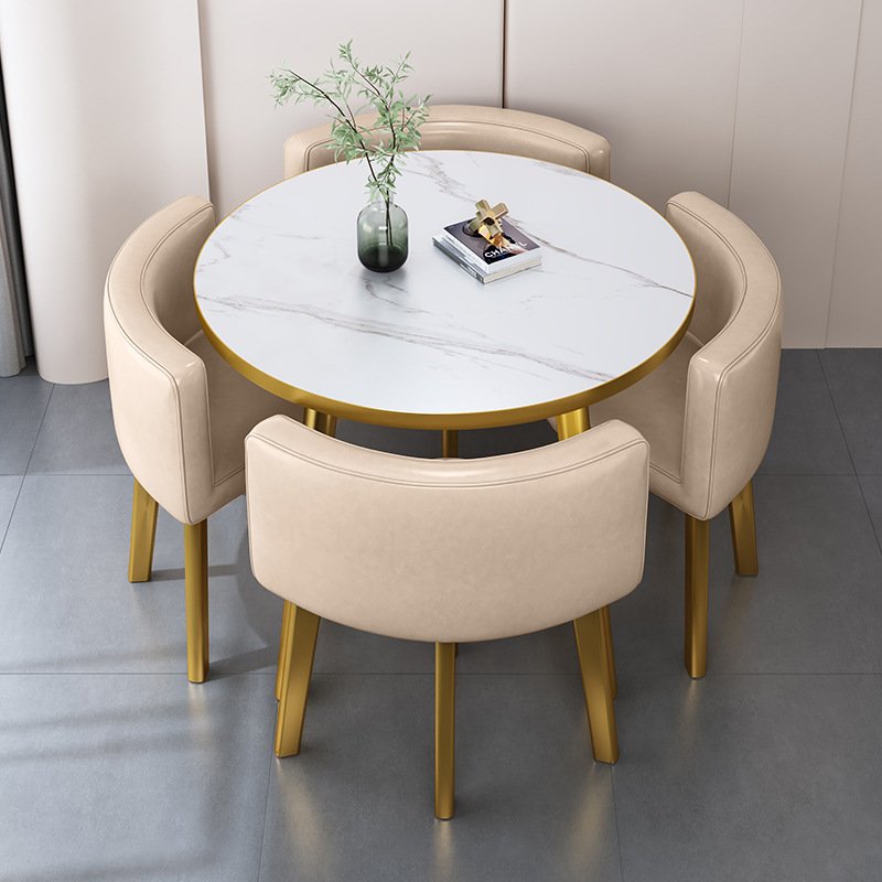 Round Minimalist Faux Marble Table Top Dining Table Set with Leather Chairs 4-Seater Golden Metal Frame Luxury Dining Table Set