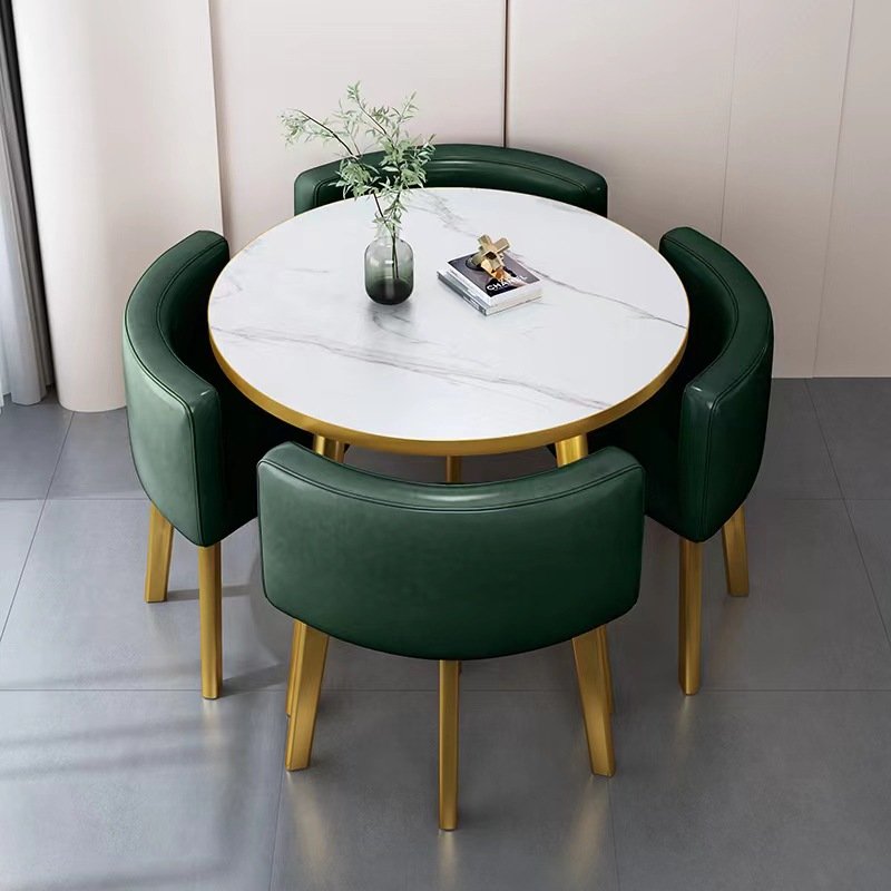Round Minimalist Faux Marble Table Top Dining Table Set with Leather Chairs 4-Seater Golden Metal Frame Luxury Dining Table Set