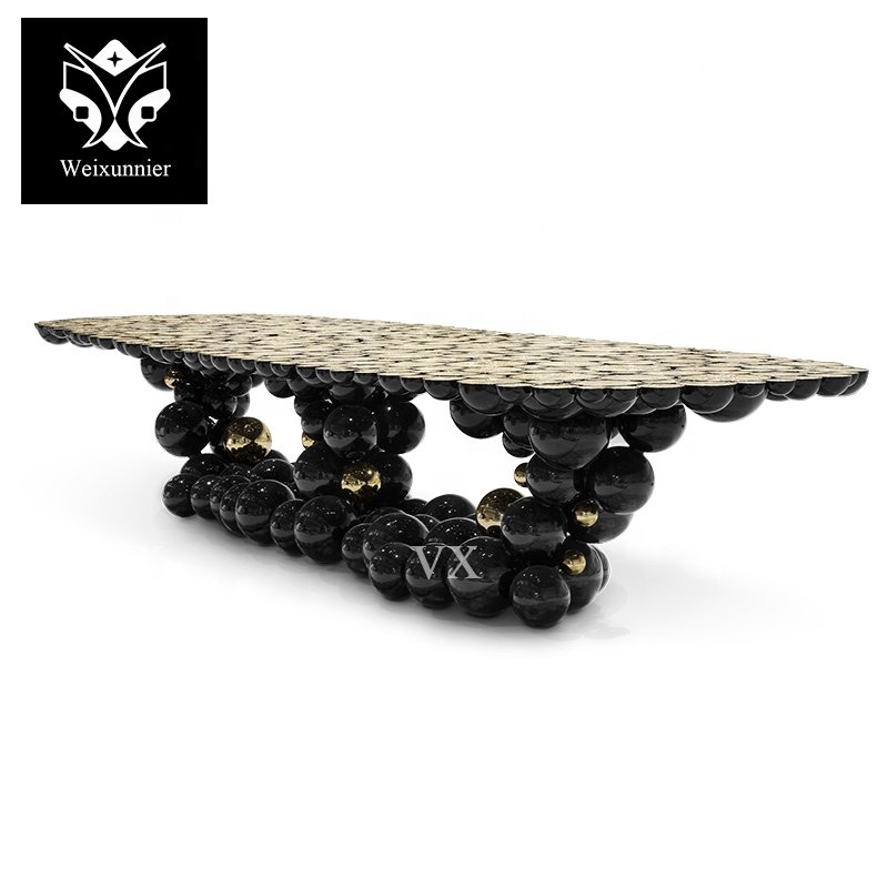 Luxury black and gold-plated stainless steel ball design dining table custom dining table multi-person banquet dining table
