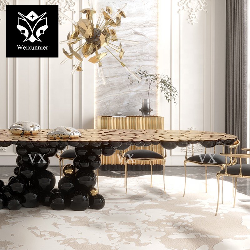 Luxury black and gold-plated stainless steel ball design dining table custom dining table multi-person banquet dining table
