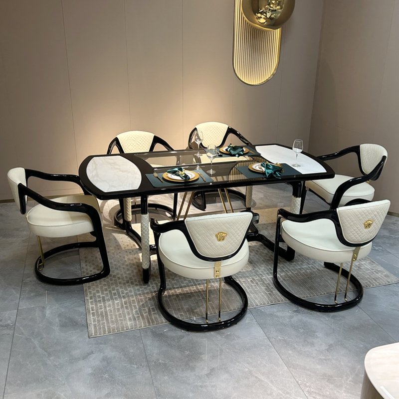 Italian Style Light Luxury Solid Wood Dining Table Combination with Six Modern Minimalist Chairs for Villa Restaurant Use