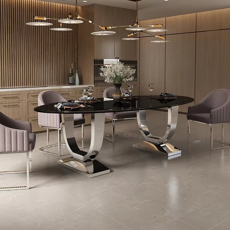 Marble tabletop dining table Modern stainless steel base Wedding furniture Event furniture Dining furniture