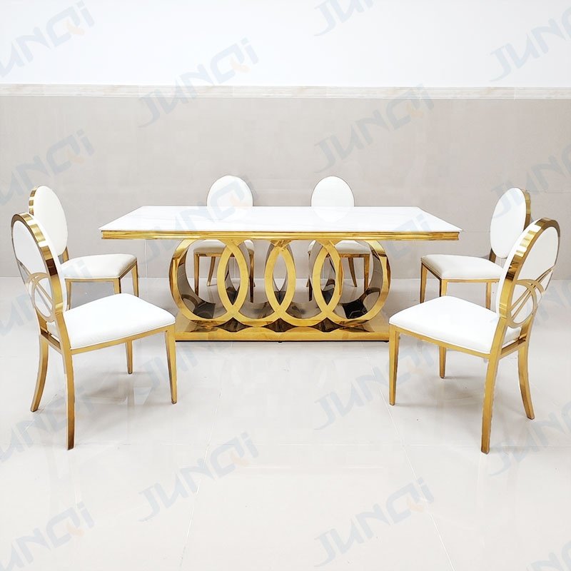 Junqi wholesale modern high end elegant luxury gold or silver 6 seater dining table set marble table