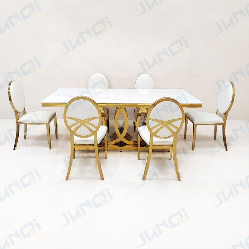 Junqi wholesale modern high end elegant luxury gold or silver 6 seater dining table set marble table