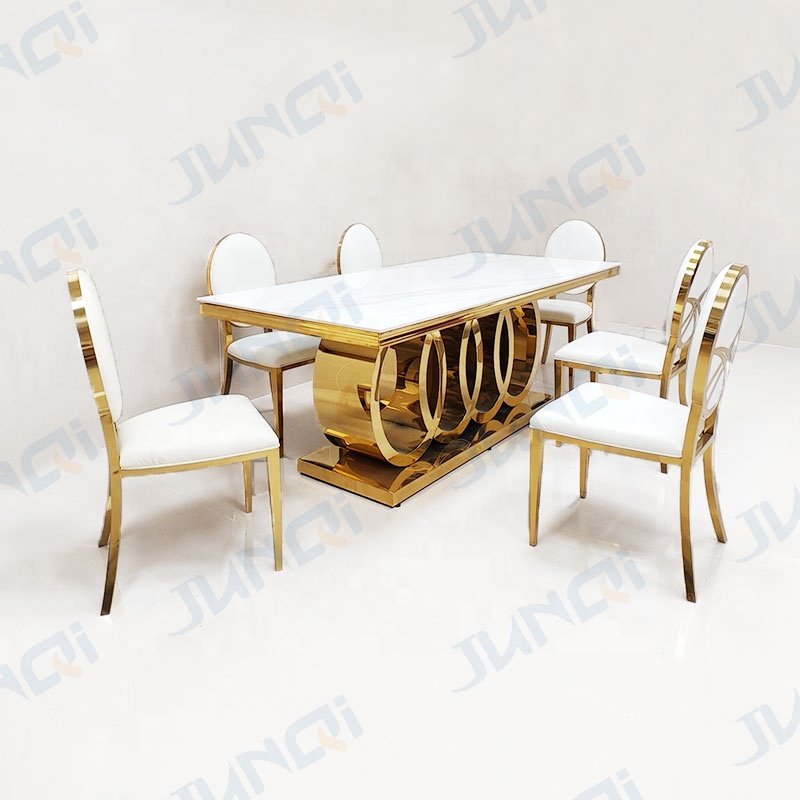 Junqi wholesale modern high end elegant luxury gold or silver 6 seater dining table set marble table