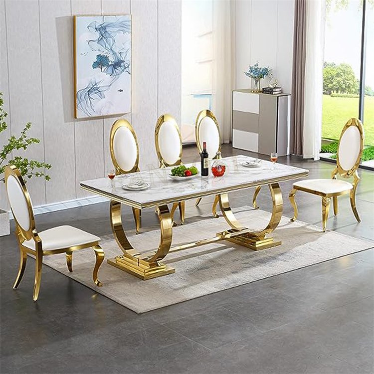 Luxury stylish gold dining table sets with stainless steel manufacture custom marble dining table