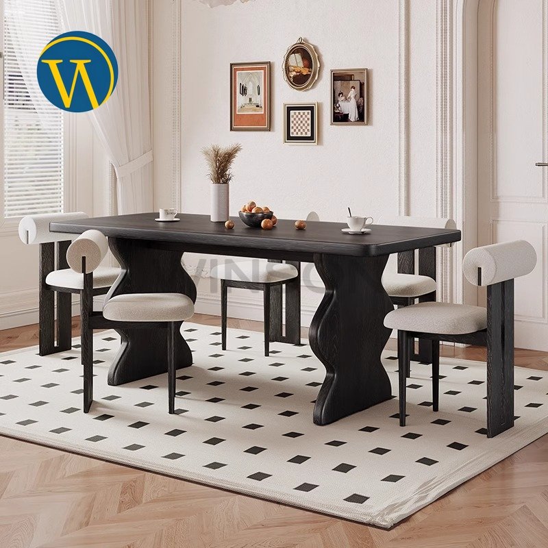 Retro Luxury Solid Wood Rectangular Dining Table Family Dinner Table Dining Set Modern Dining Room Furniture Black