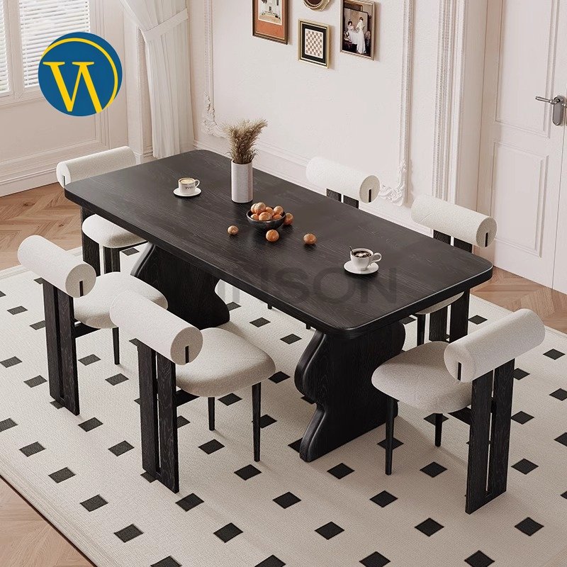 Retro Luxury Solid Wood Rectangular Dining Table Family Dinner Table Dining Set Modern Dining Room Furniture Black