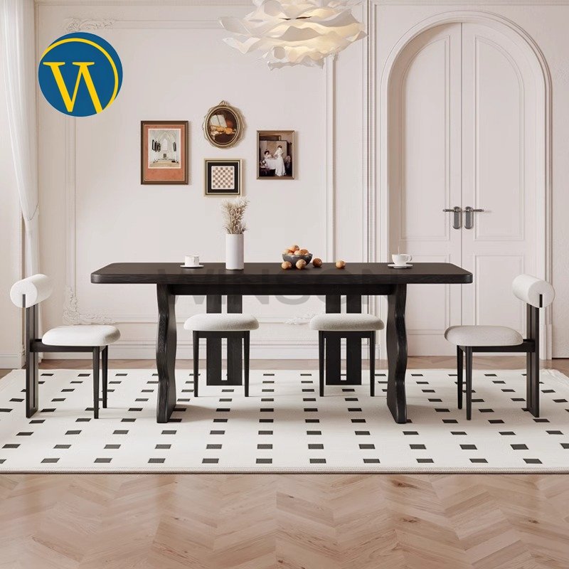 Retro Luxury Solid Wood Rectangular Dining Table Family Dinner Table Dining Set Modern Dining Room Furniture Black