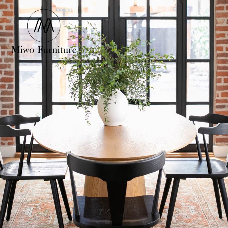 Simple Modern Wooden Veneer Walnut Round Dining Table Design oak Solid Wood Round Dining Table Set For Restaurant furniture