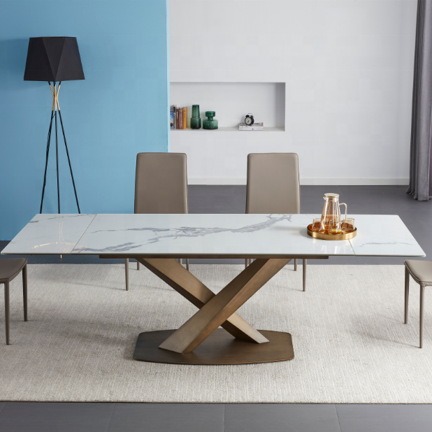 Italian Modern Simple Design Furniture Dining Table Gold Metal Legs Dining Table Marble Long Dining Table