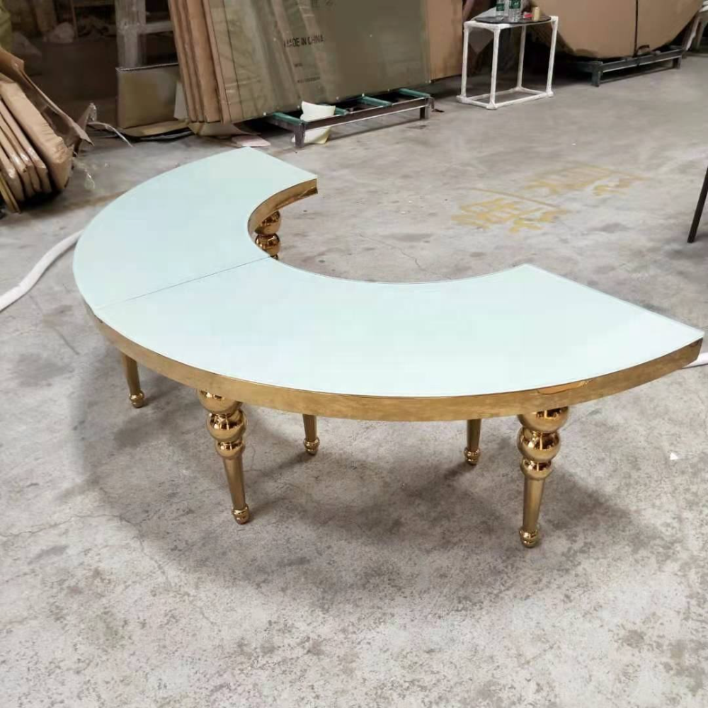 Gold half moon glass top stainless steel curevd banquet wedding table