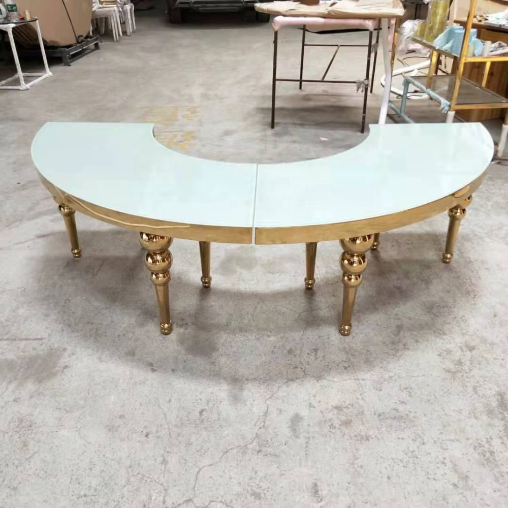 Gold half moon glass top stainless steel curevd banquet wedding table