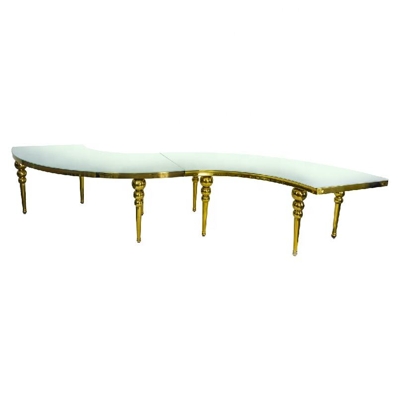 Gold half moon glass top stainless steel curevd banquet wedding table