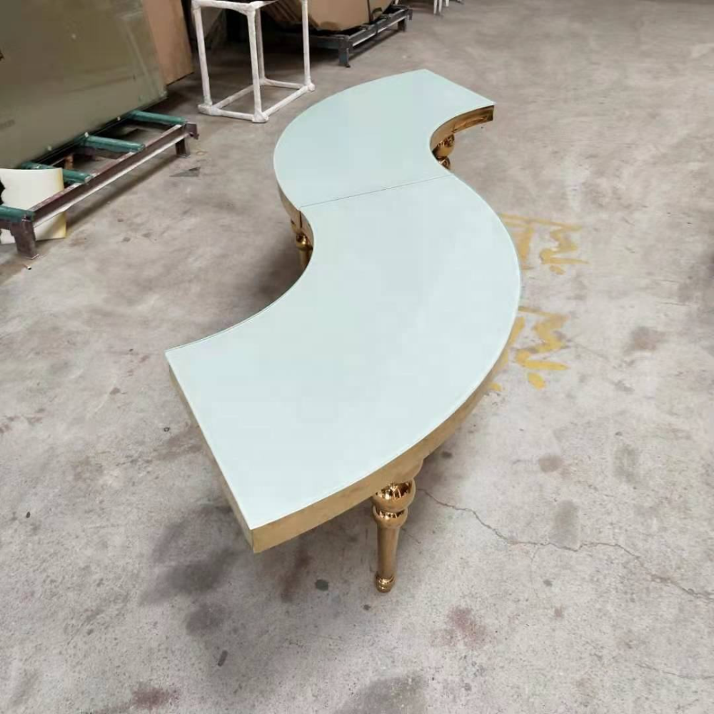 Gold half moon glass top stainless steel curevd banquet wedding table