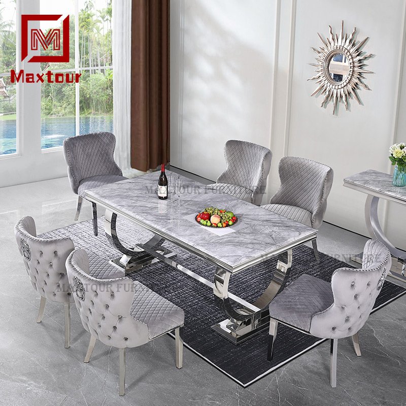 Living room furniture modern Arianna marble dining table set 6 seater luxury bright stainless steel dinning tables