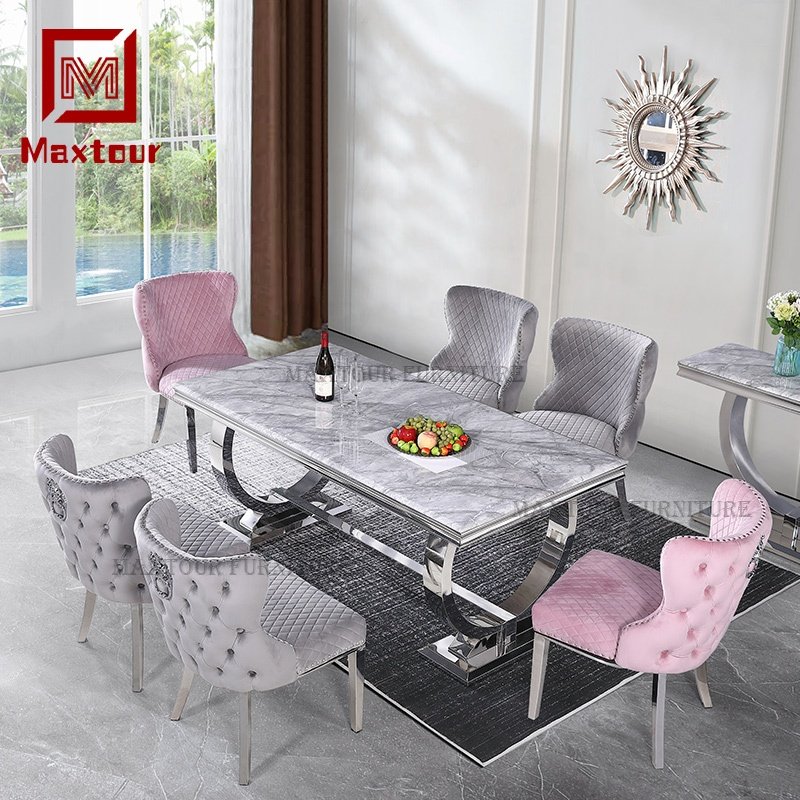 Living room furniture modern Arianna marble dining table set 6 seater luxury bright stainless steel dinning tables