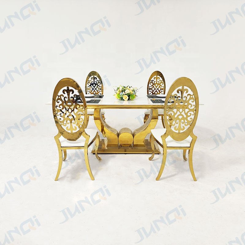 Foshan factory price dining room luxury modern cheap 6 seater metal leg marble top dining table set