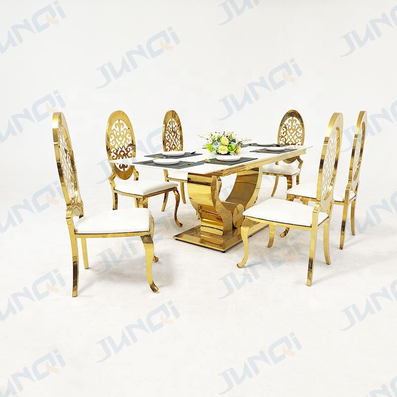 Foshan factory price dining room luxury modern cheap 6 seater metal leg marble top dining table set