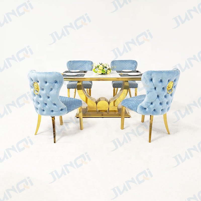 Foshan factory price dining room luxury modern cheap 6 seater metal leg marble top dining table set