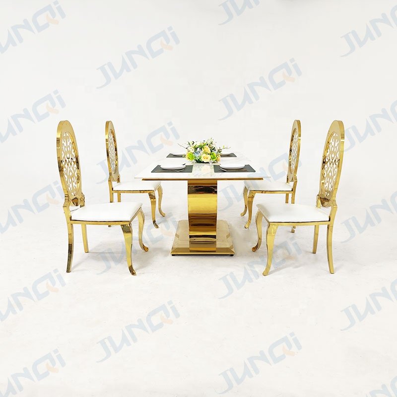 Foshan factory price dining room luxury modern cheap 6 seater metal leg marble top dining table set