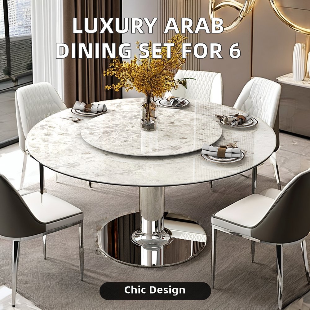 Modern Luxury Large Arab Design Dining Table Set with Convertible 6 Chairs Stone Factory Wholesale Customization Supported