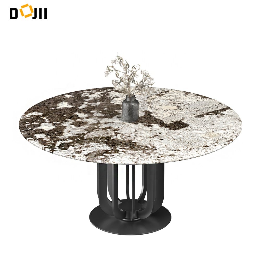 Luxury Italian Modern Metal Top Carbon Steel Dining Table Set with Black Marble Unique Modern Rotating Design