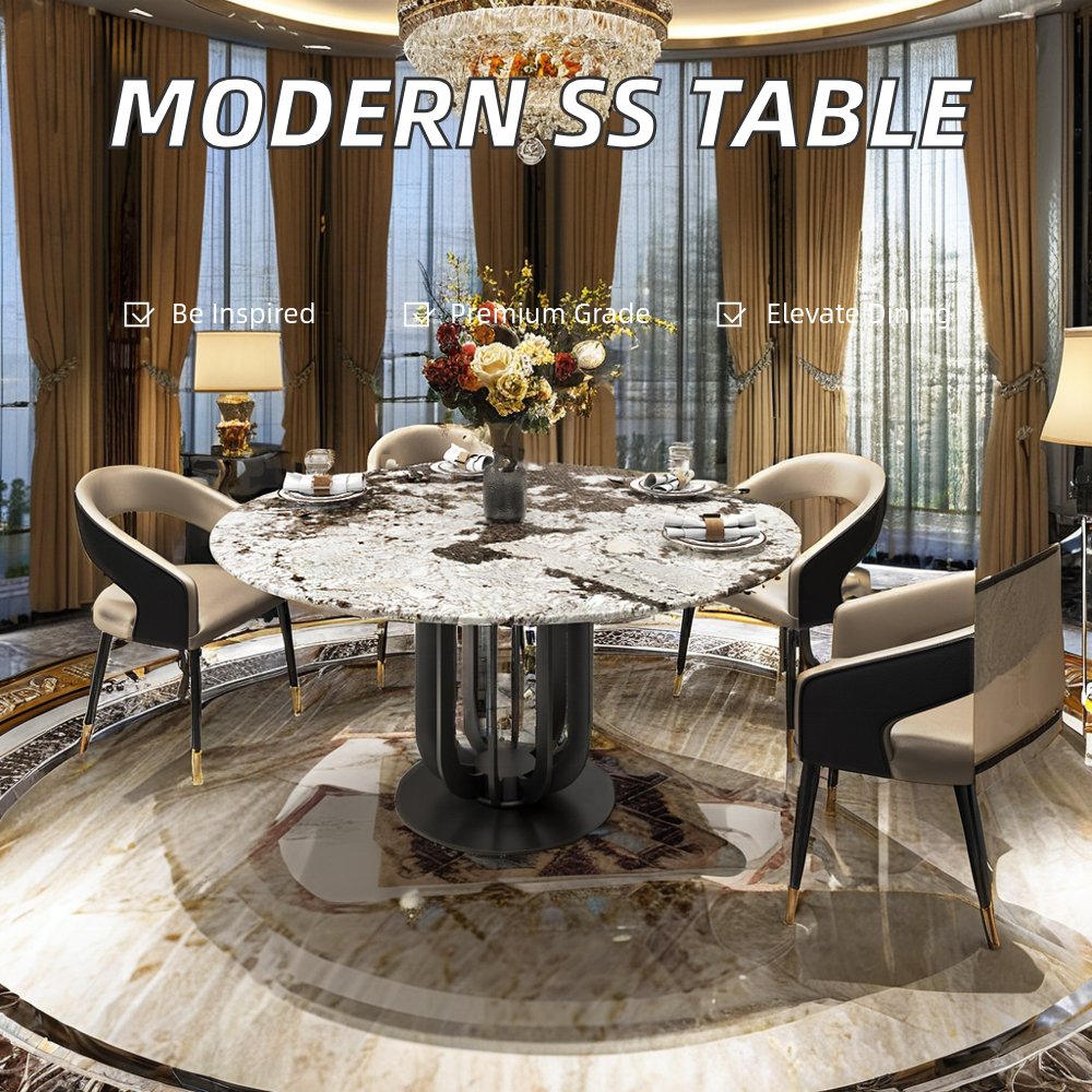 Luxury Italian Modern Metal Top Carbon Steel Dining Table Set with Black Marble Unique Modern Rotating Design