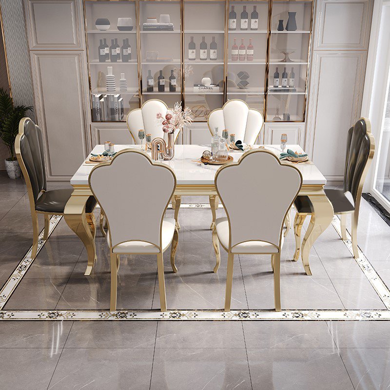 European Modern Dining Room Table 4 6 8 Chairs Seater Dining Table Set Luxury Gold Stainless Steel Marble Dining Table