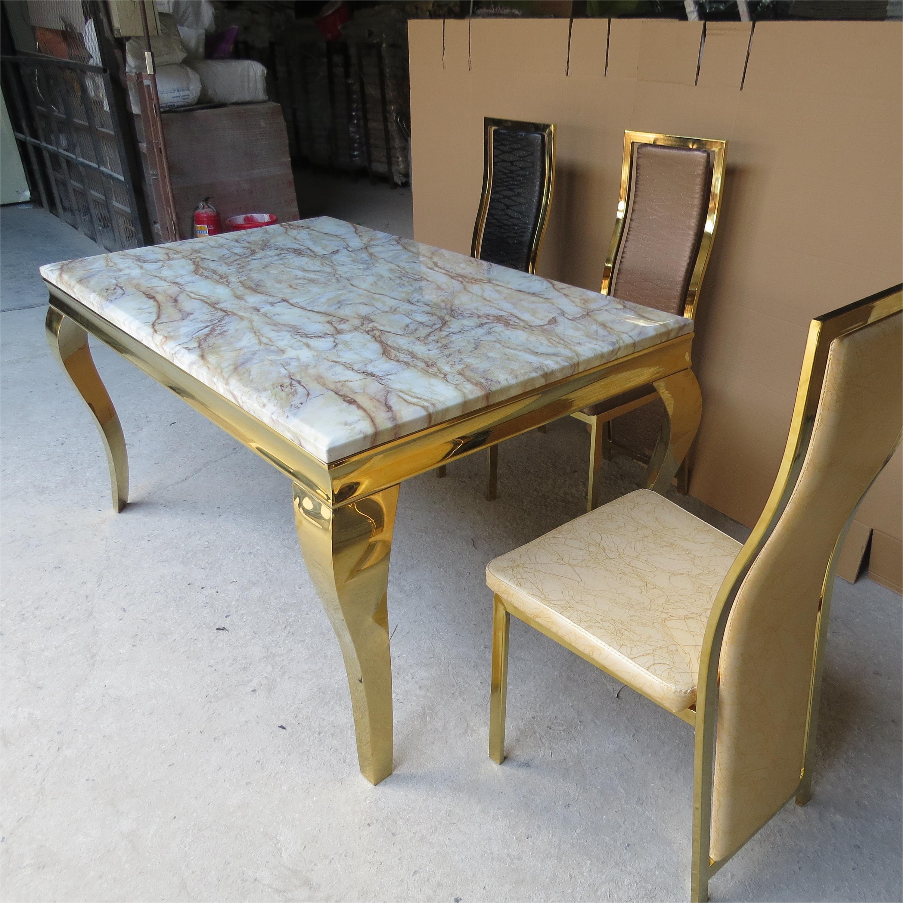 European Modern Dining Room Table 4 6 8 Chairs Seater Dining Table Set Luxury Gold Stainless Steel Marble Dining Table