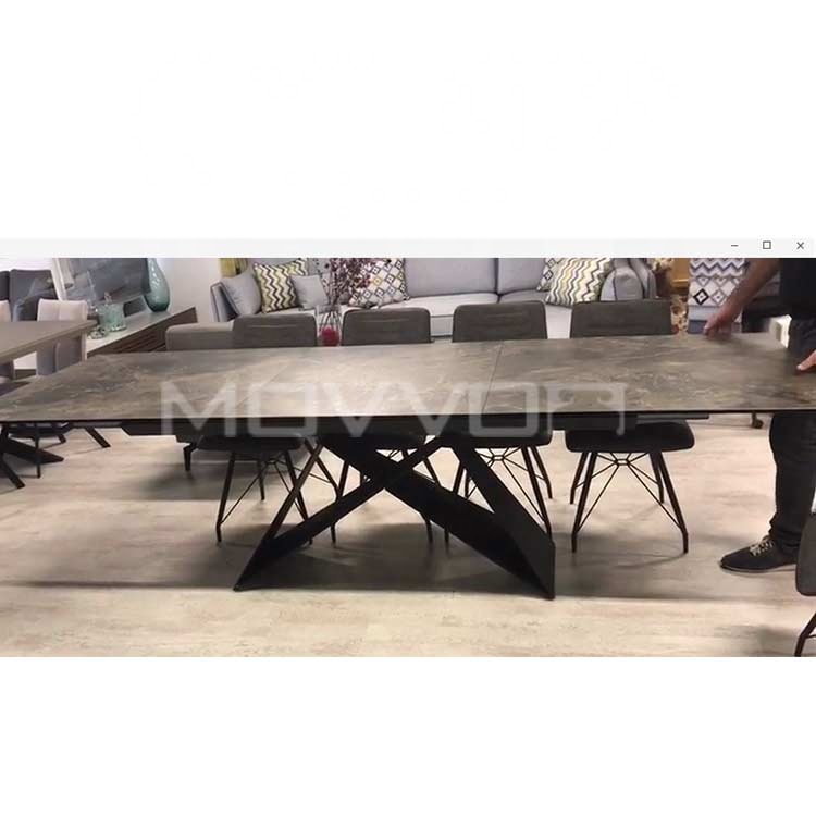 X-shaped metal feet imported ceramic top retractable extendable rectangle dining table