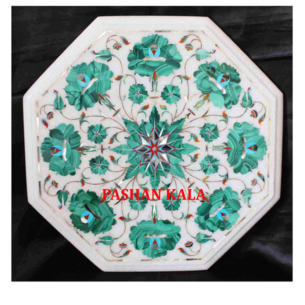 Home Decorative White Marble Inlay Coffee Table Top And White Marble Exclusive And Antique Beautiful Octagonal Shape High Table