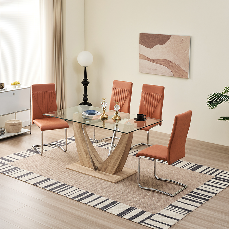 Nordic home furniture glass wood tables round dining room 6 chairs wooden table set
