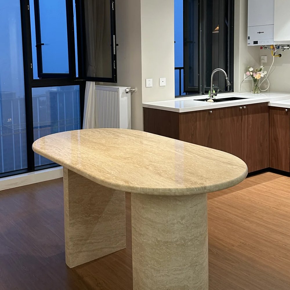 Customized Natural Stone Marble Oval Travertine Dining Table Stone Furniture Beige Travertine Dining Marble Table