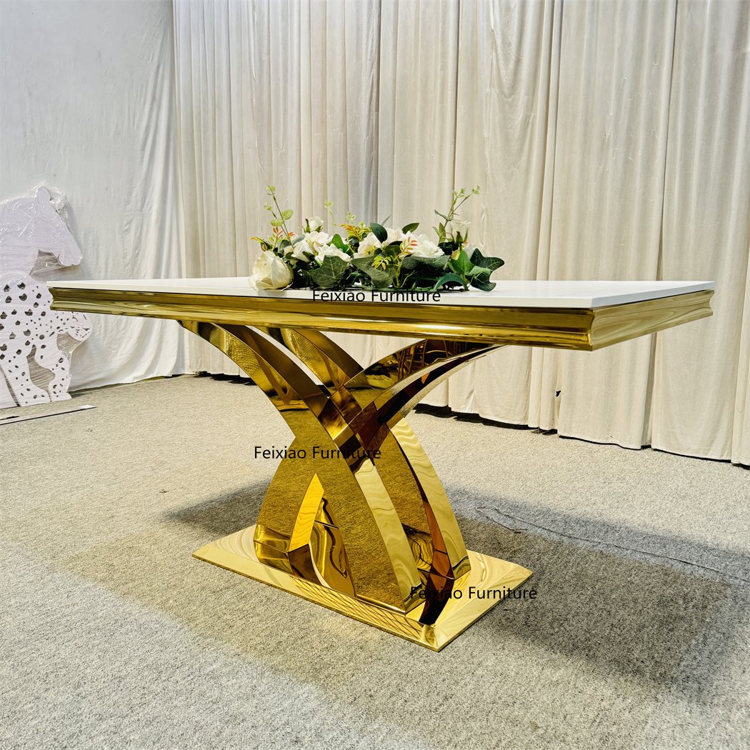Luxury Hotel Restaurant White MDF Top Gold Stainless Steel X Cross Legs Dining Table
