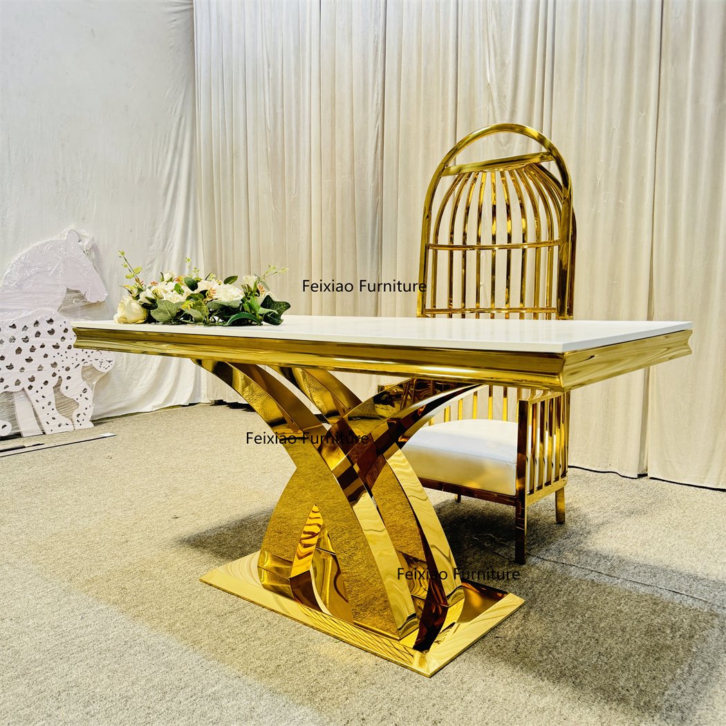 Luxury Hotel Restaurant White MDF Top Gold Stainless Steel X Cross Legs Dining Table