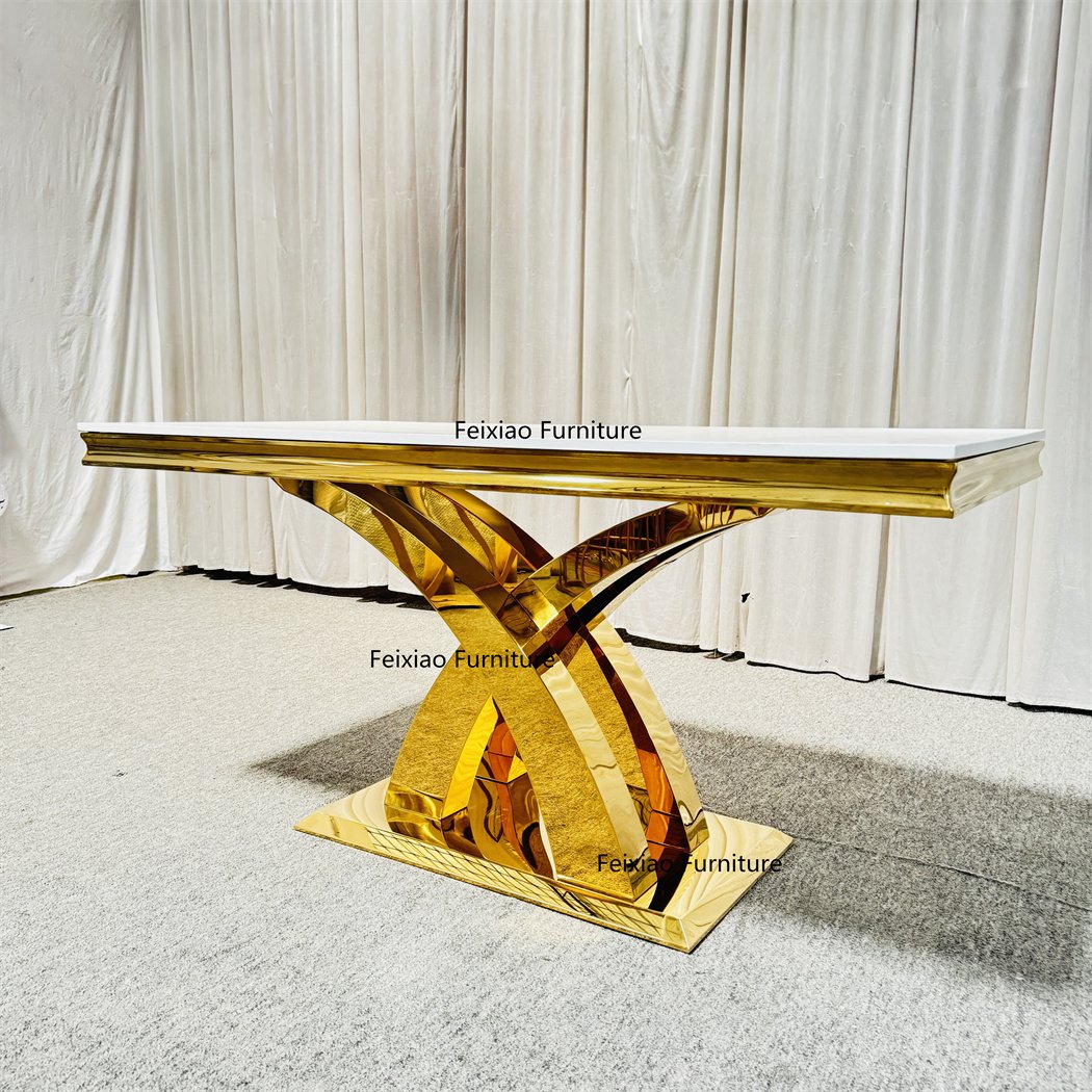 Luxury Hotel Restaurant White MDF Top Gold Stainless Steel X Cross Legs Dining Table