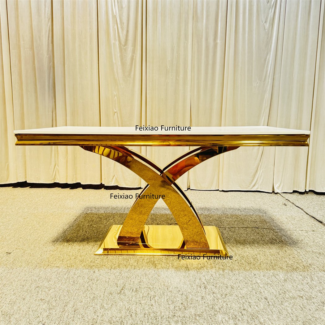 Luxury Hotel Restaurant White MDF Top Gold Stainless Steel X Cross Legs Dining Table