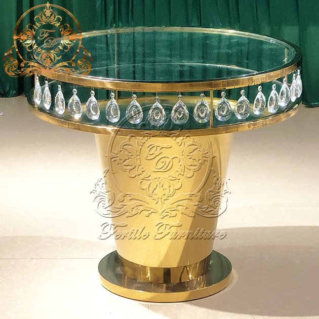 Modern Golden Stainless Steel Frame Metal Base Wedding Event Decoration Round Crystal Cake Table