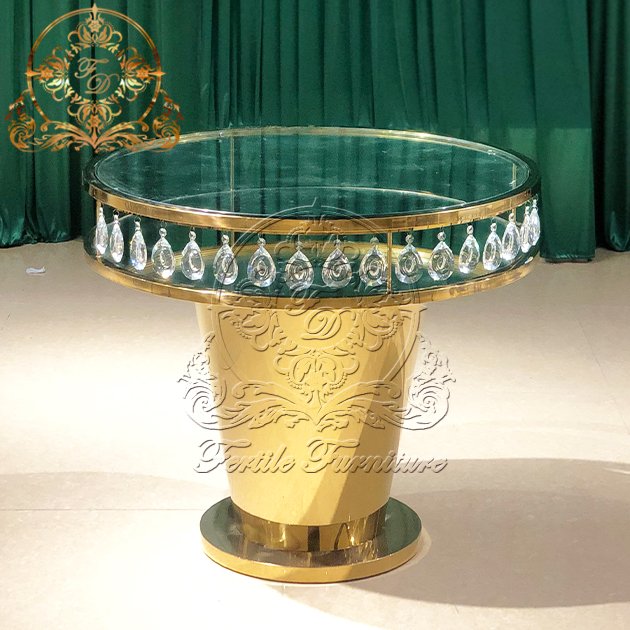 Modern Golden Stainless Steel Frame Metal Base Wedding Event Decoration Round Crystal Cake Table